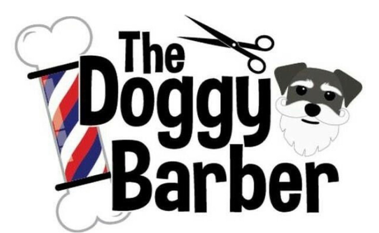 A logo featuring the text "The Doggy Barber" with a barber's pole on the left, a pair of scissors above, and a cartoon dog head with a beard and mustache on the right. The overall design incorporates elements related to a barbershop and dogs.