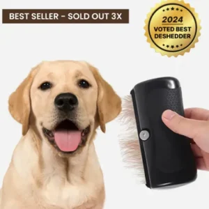 A smiling golden retriever sits next to a hand holding a black de-shedding brush. Text above reads "GROOMIFY - Best Seller - Sold Out 3X" and a badge reads "2024 Voted Best Deshedder." The background is white.